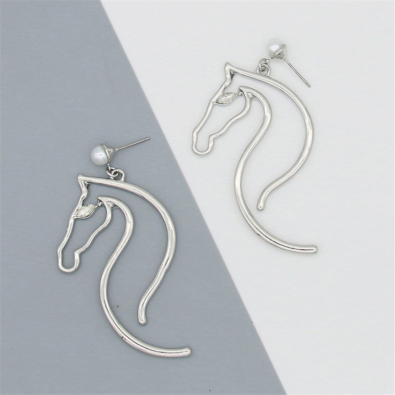 Pearl Ear Jewelry Alloy Horse Head Animal Big Earrings