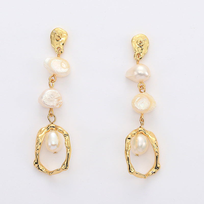 Gold Geometric Long Freshwater Pearl Earrings