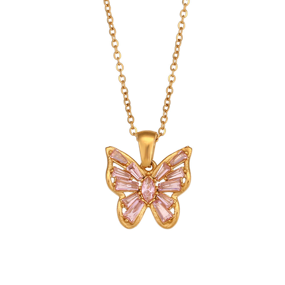 Stainless Steel Hollow Zircon Butterfly Pendant Necklace