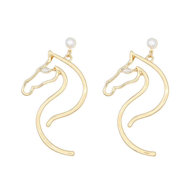 Pearl Ear Jewelry Alloy Horse Head Animal Big Earrings