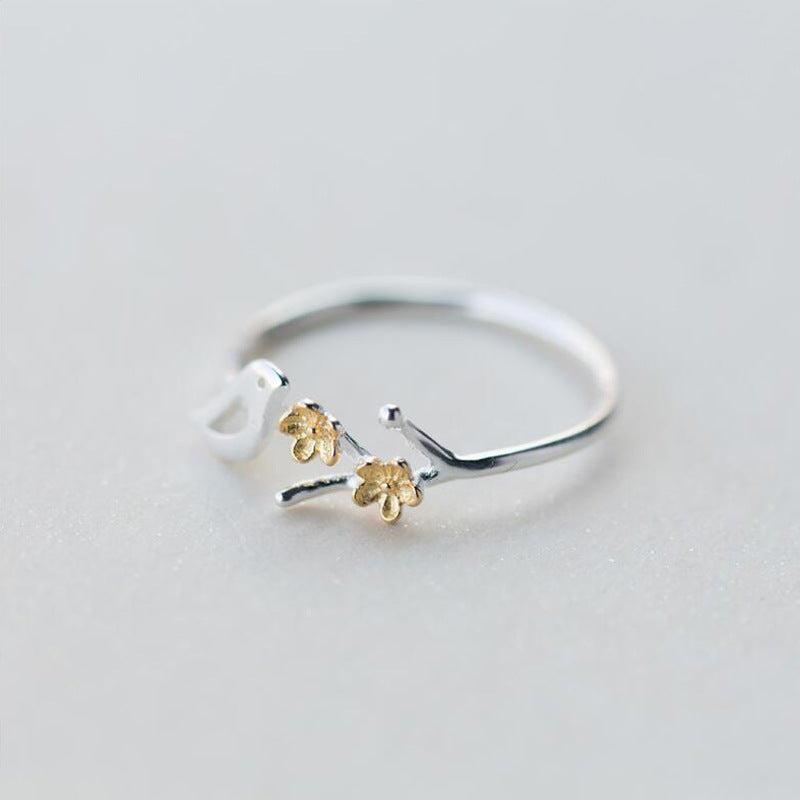 S925 Silver Bird Flower Ring Golden Flower Branch Ring