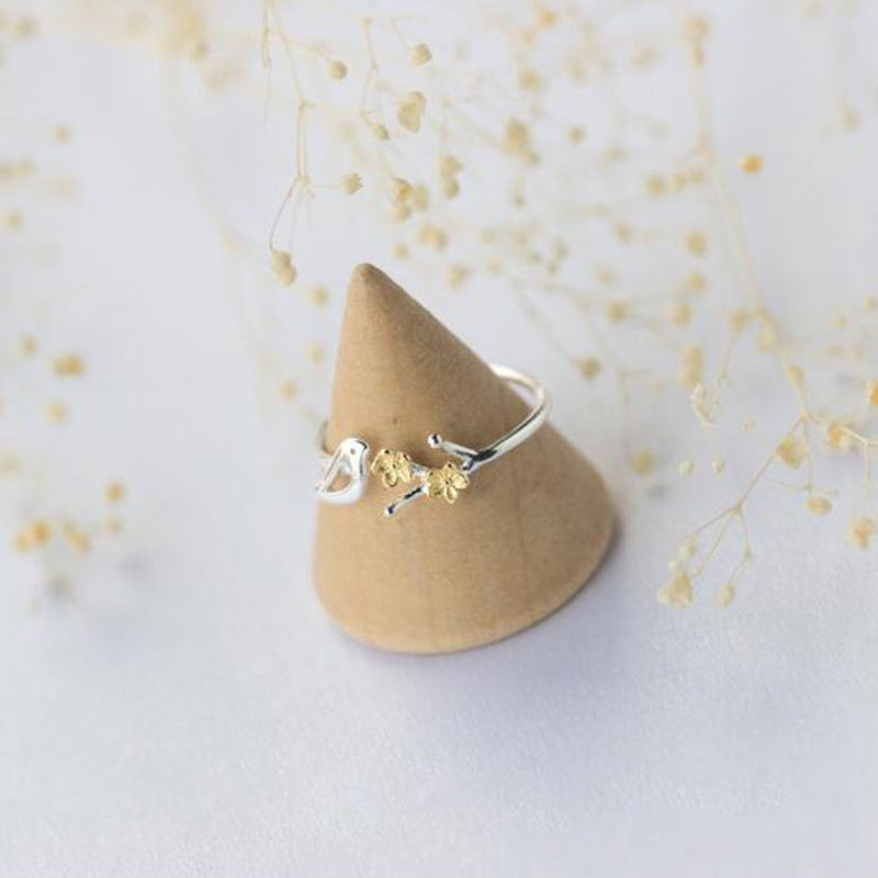 S925 Silver Bird Flower Ring Golden Flower Branch Ring