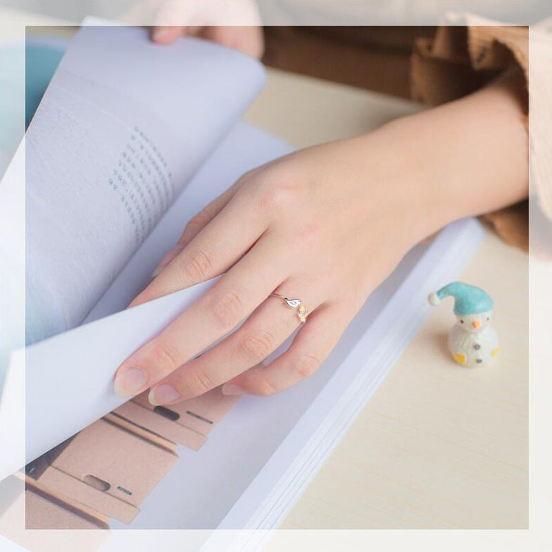 S925 Silver Bird Flower Ring Golden Flower Branch Ring