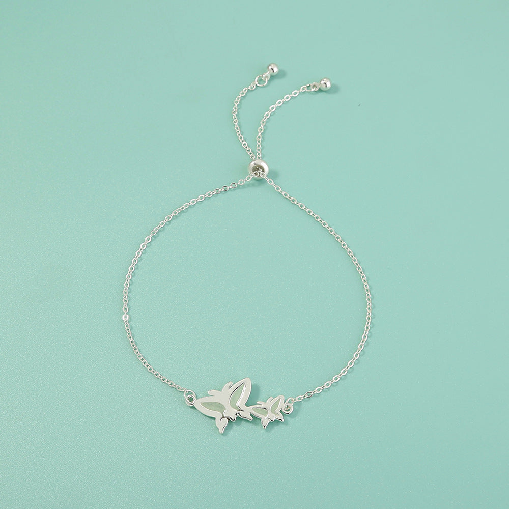 Special-interest Design Copper Sheet Silver Butterfly Fluorescent Free Adjustment Drawstring Bracelet