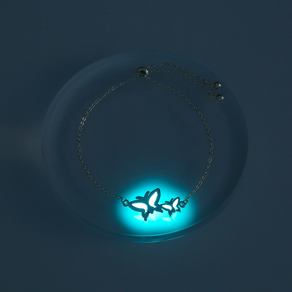 Special-interest Design Copper Sheet Silver Butterfly Fluorescent Free Adjustment Drawstring Bracelet