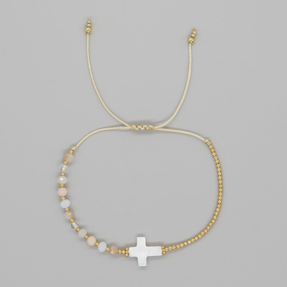 Retro Bohemian-style Shell Cross And Crystal Copper-bead Bracelet
