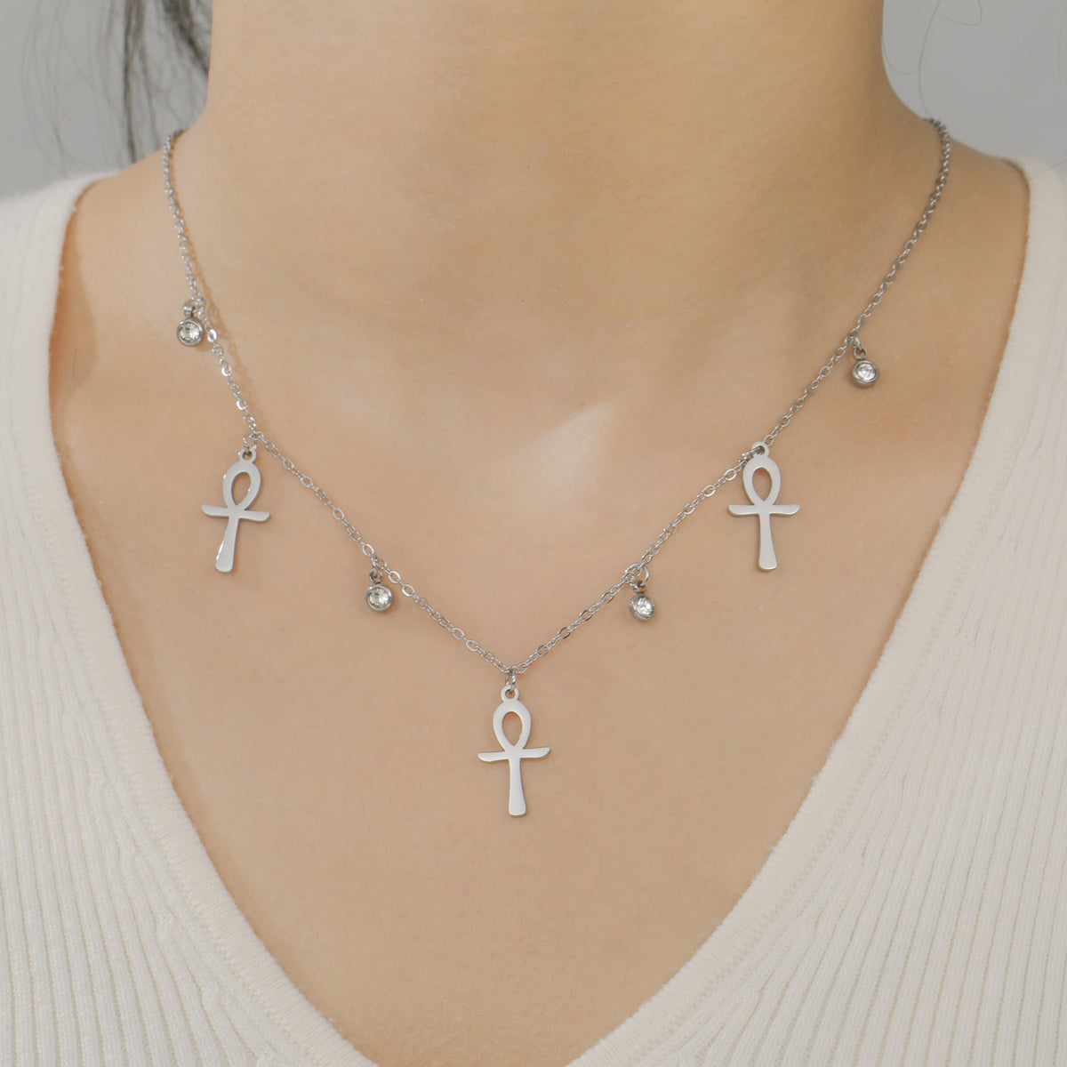 Stainless Steel Zircon Bead Necklace For Women