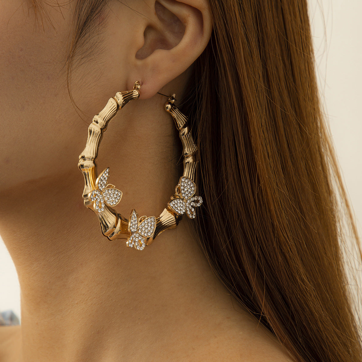 Retro New Micro-inlaid Smart Small Butterfly Earrings Exaggerated Circle Bamboo Earrings