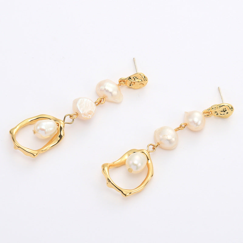 Gold Geometric Long Freshwater Pearl Earrings