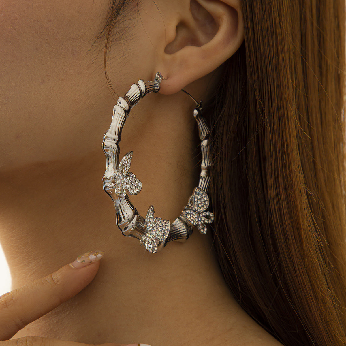 Retro New Micro-inlaid Smart Small Butterfly Earrings Exaggerated Circle Bamboo Earrings