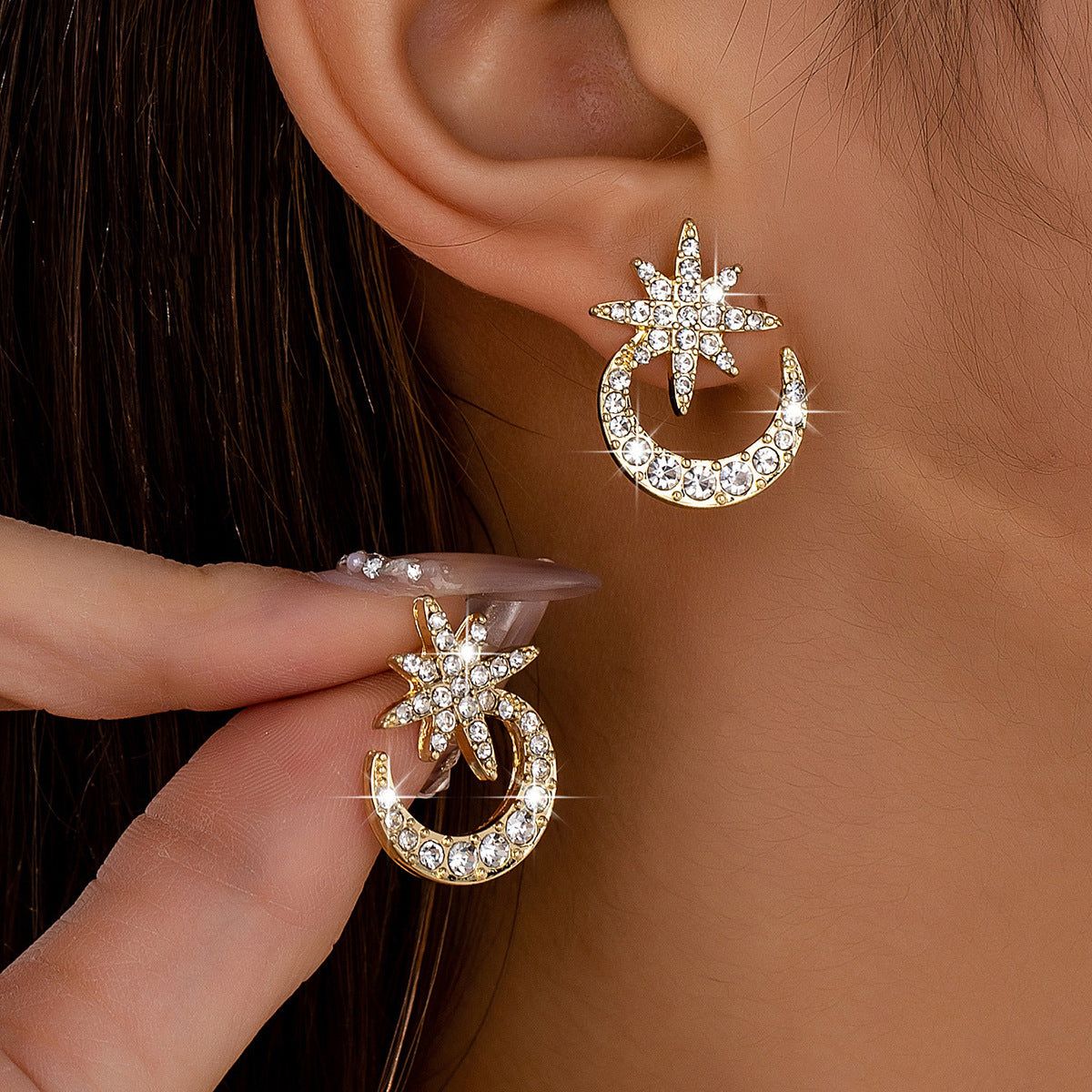 Hot Selling European  American Star  Moon Inlaid Diamond Stud Earrings For Women Cross-Border Fashionable, Individual, Sparkling  Exquisite Earrings, Elegant & Chic Ear Jewelry