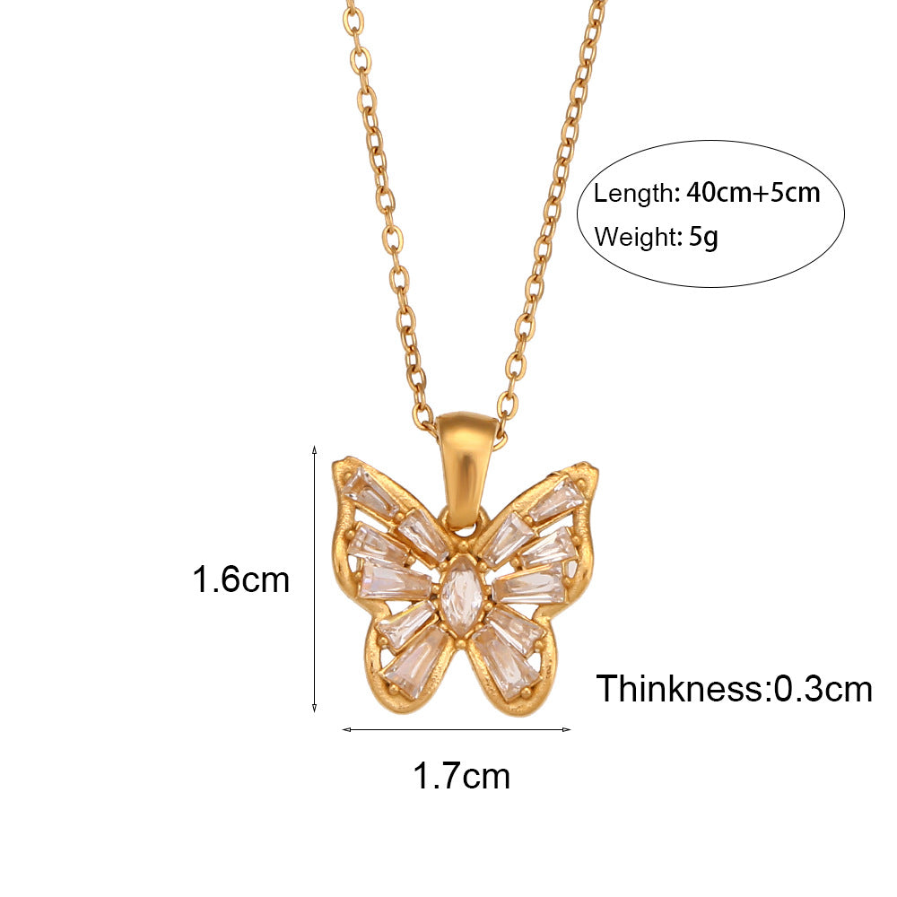 Stainless Steel Hollow Zircon Butterfly Pendant Necklace
