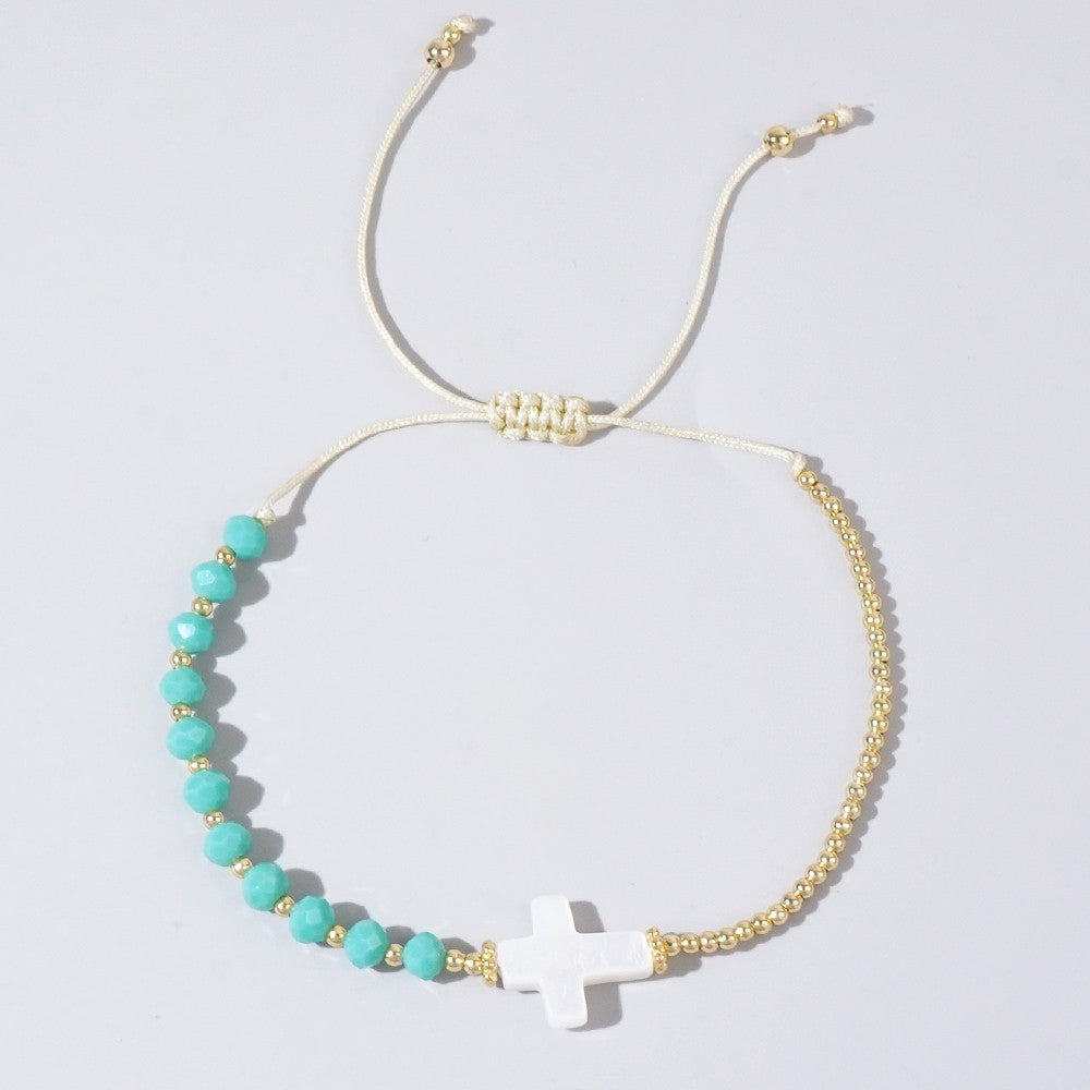 Retro Bohemian-style Shell Cross And Crystal Copper-bead Bracelet