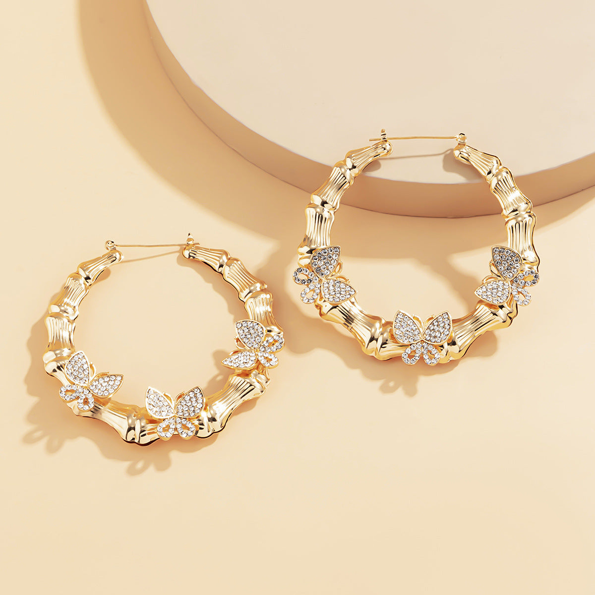 Retro New Micro-inlaid Smart Small Butterfly Earrings Exaggerated Circle Bamboo Earrings