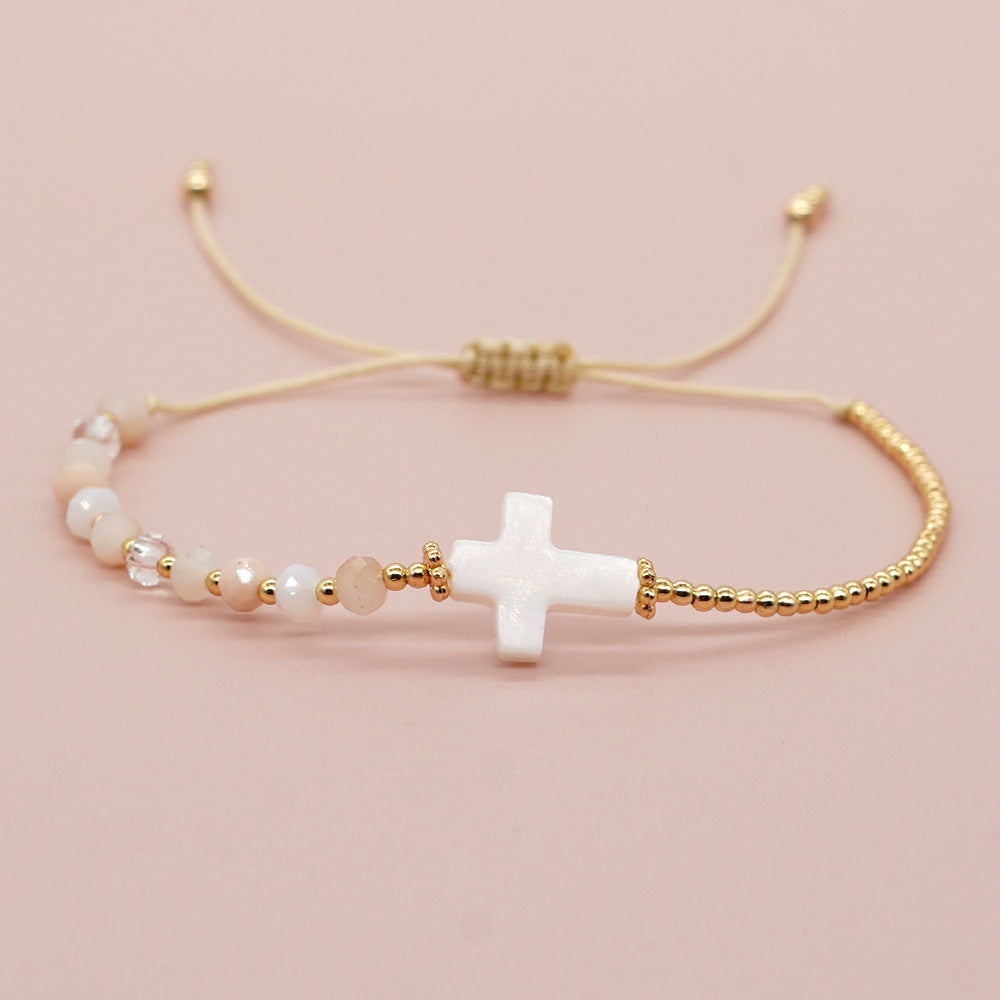 Retro Bohemian-style Shell Cross And Crystal Copper-bead Bracelet