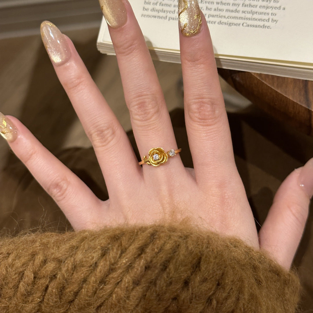 Gold Brushed Rose Shiny Diamond Ring Women's All-match High Sense Retro Affordable Luxury