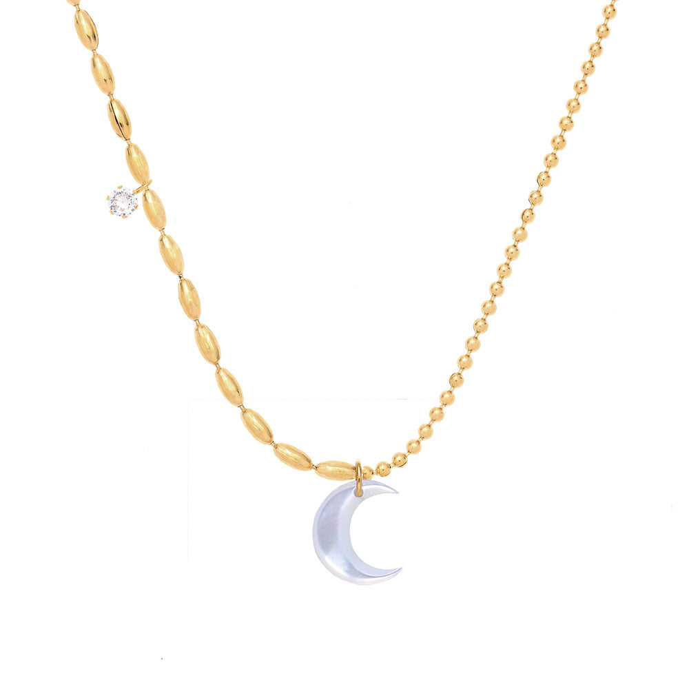 Natural White Shell Rhinestones Crescent Stitching Bead Necklace