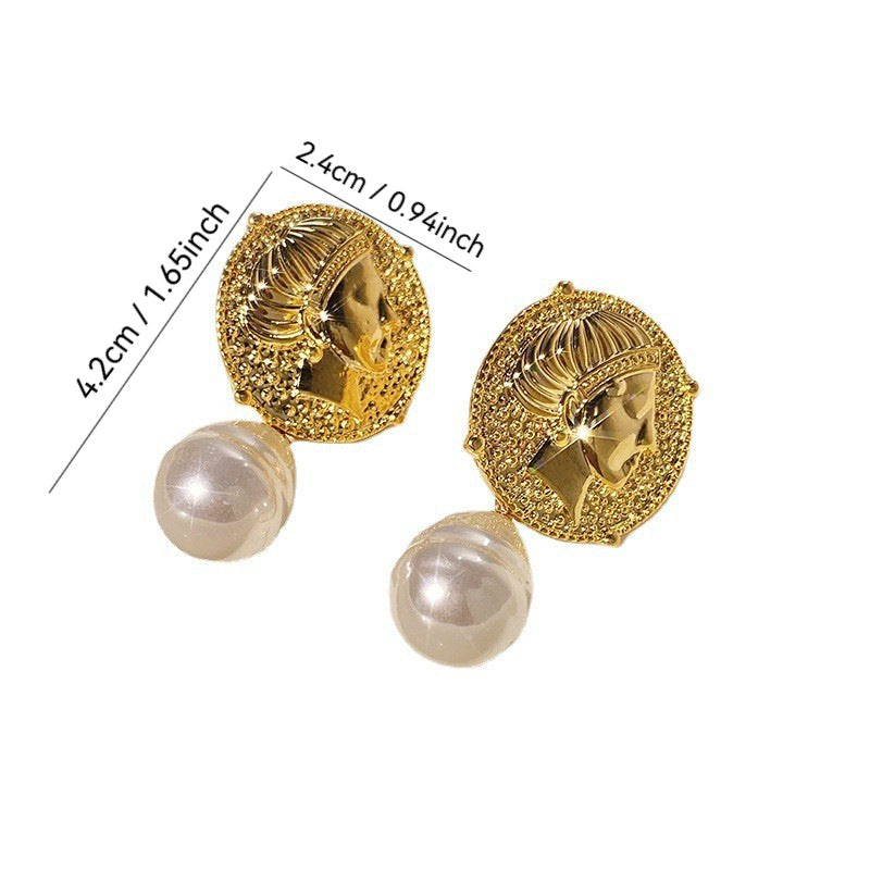 Beauty Head Carving Golden Portrait Pearl Female Retro Earrings