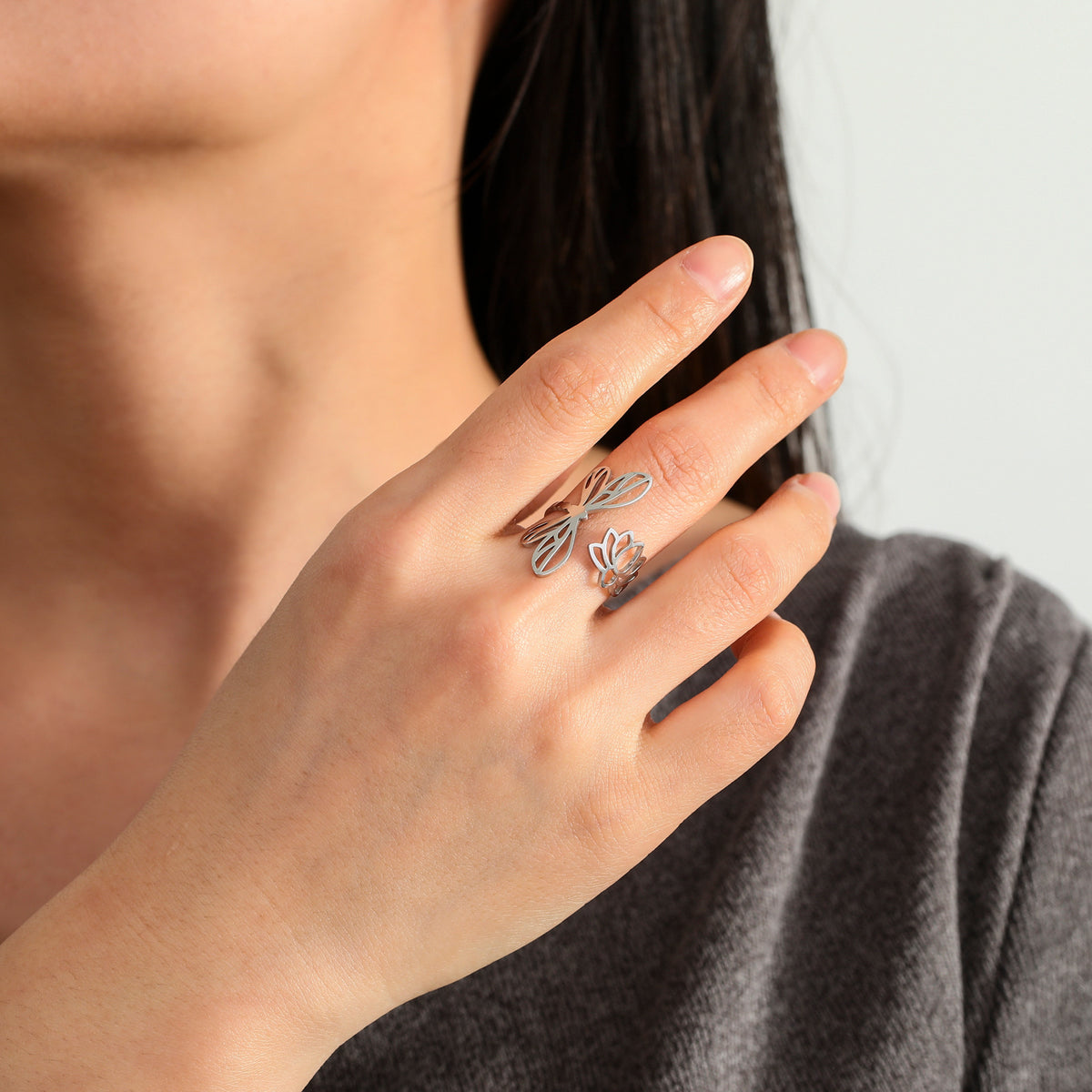 New Cut Stainless Steel Dragonfly Lotus Female Ring