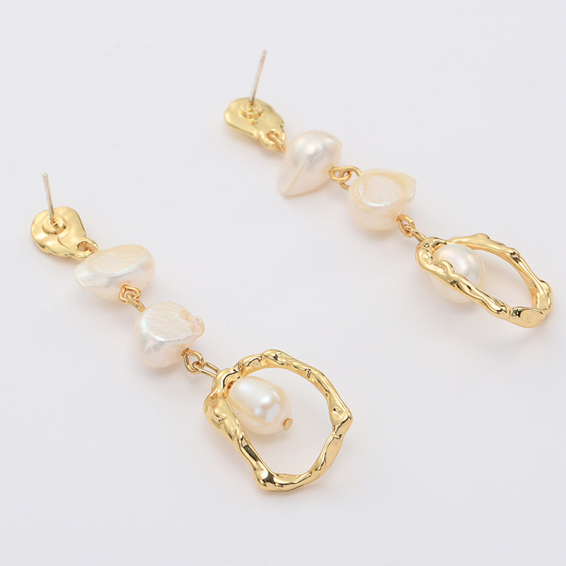 Gold Geometric Long Freshwater Pearl Earrings