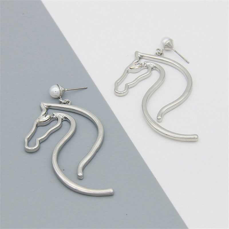 Pearl Ear Jewelry Alloy Horse Head Animal Big Earrings