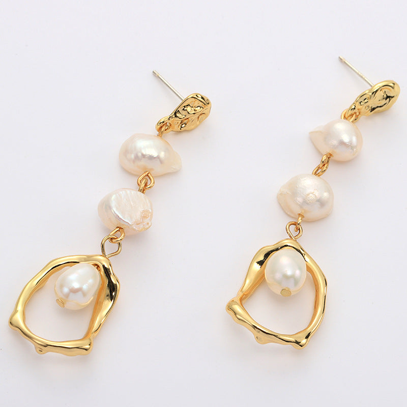 Gold Geometric Long Freshwater Pearl Earrings