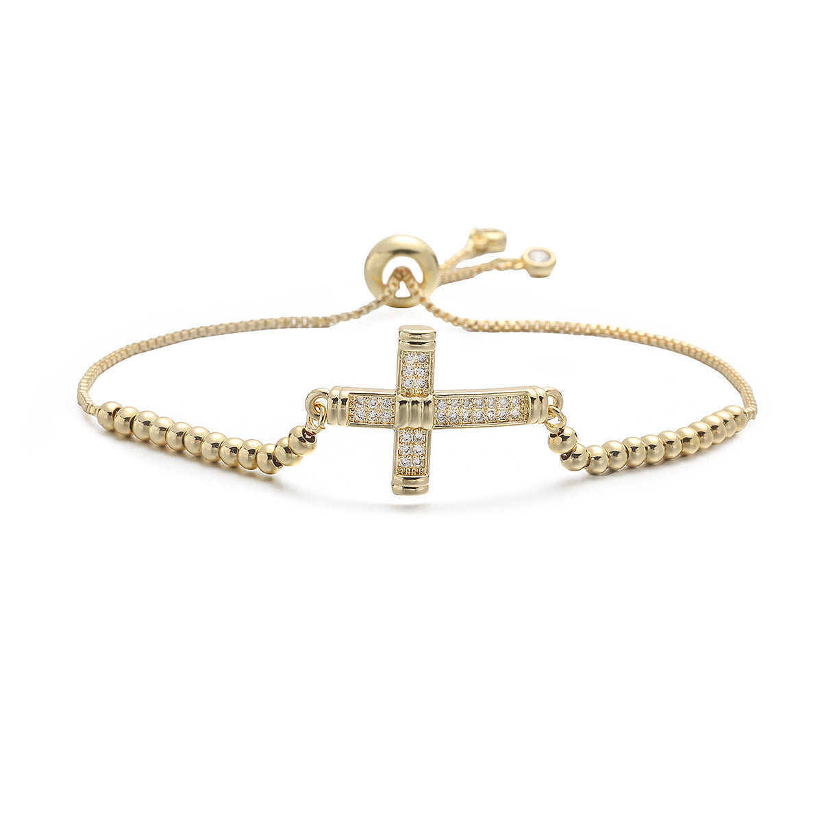 Fashionable Retro Copper-Plated 18K Gold Zircon Cross Pendant Bracelet
