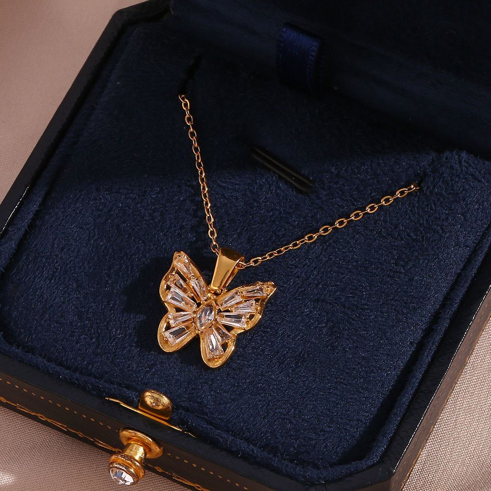 Stainless Steel Hollow Zircon Butterfly Pendant Necklace