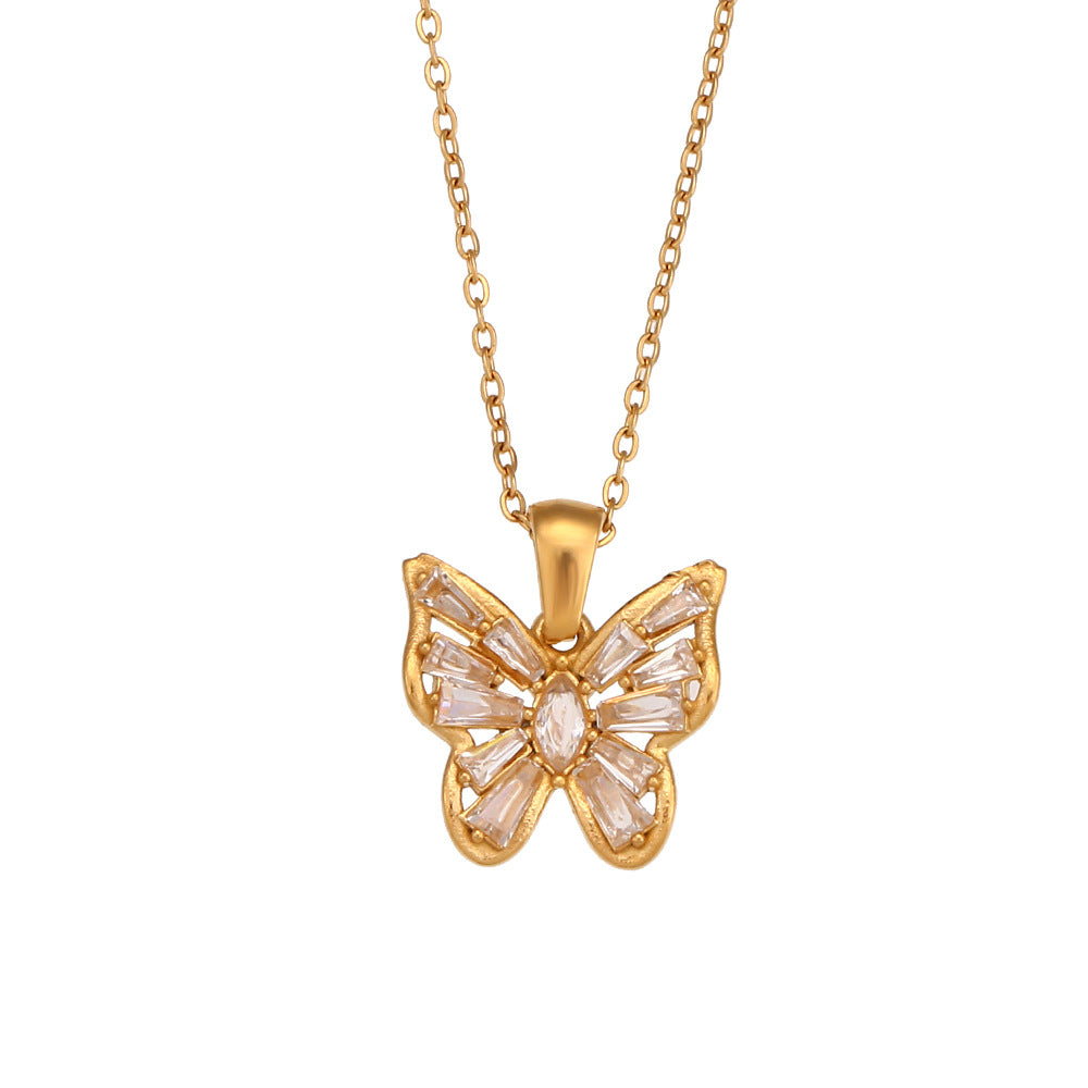 Stainless Steel Hollow Zircon Butterfly Pendant Necklace