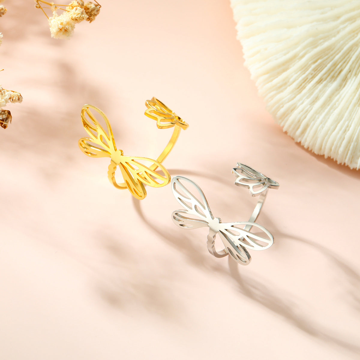 New Cut Stainless Steel Dragonfly Lotus Female Ring