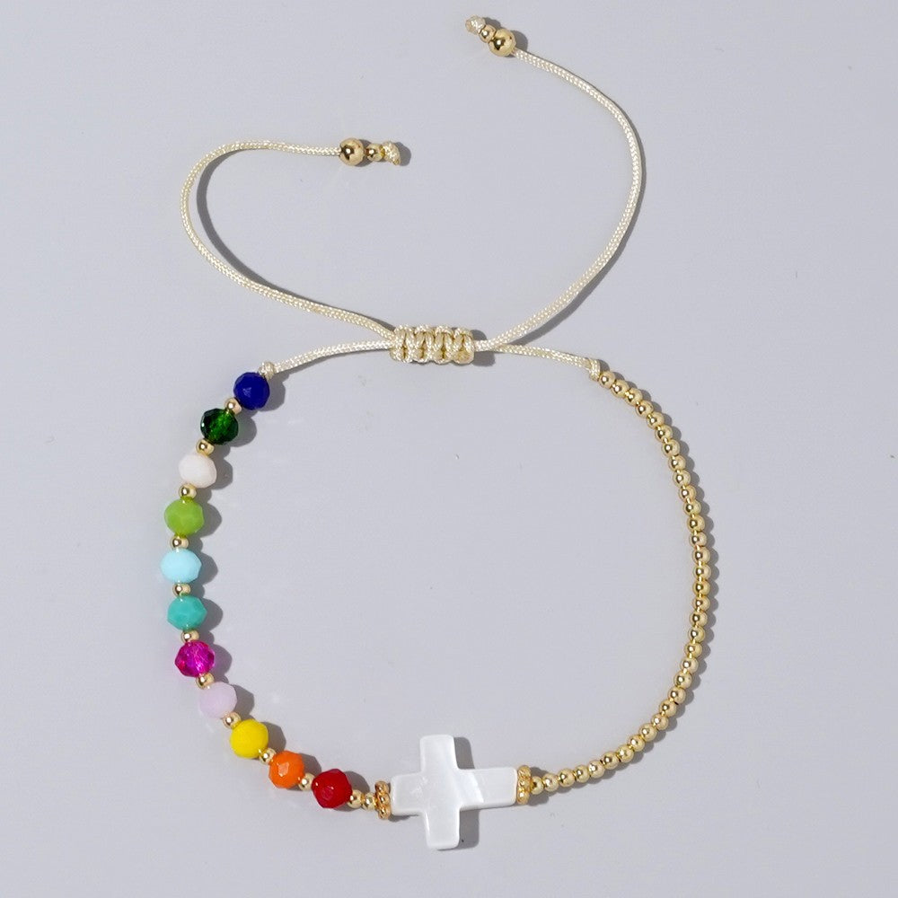 Retro Bohemian-style Shell Cross And Crystal Copper-bead Bracelet