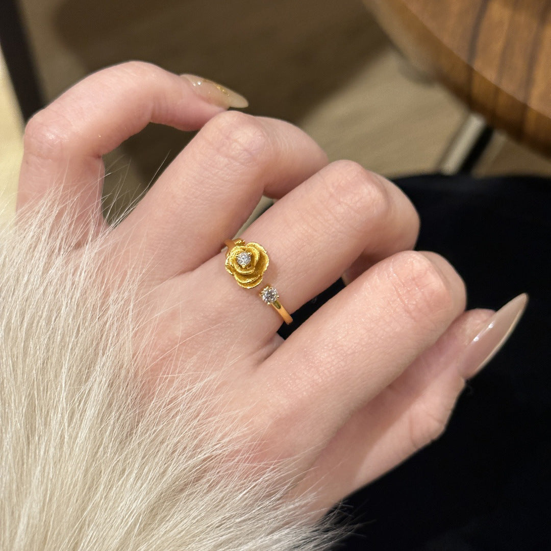 Gold Brushed Rose Shiny Diamond Ring Women's All-match High Sense Retro Affordable Luxury