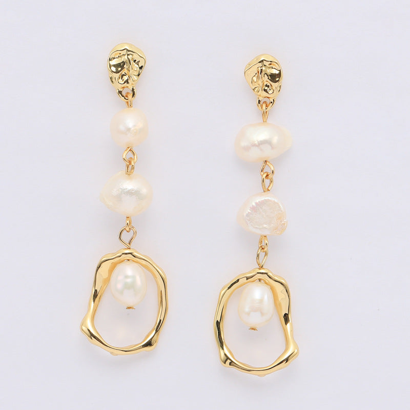 Gold Geometric Long Freshwater Pearl Earrings