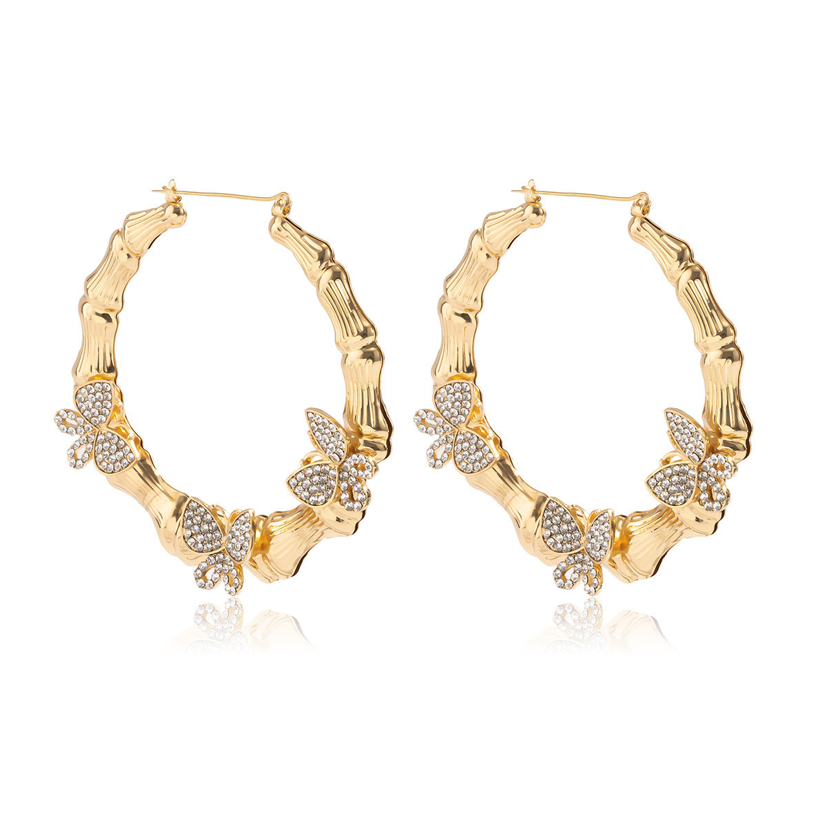 Retro New Micro-inlaid Smart Small Butterfly Earrings Exaggerated Circle Bamboo Earrings